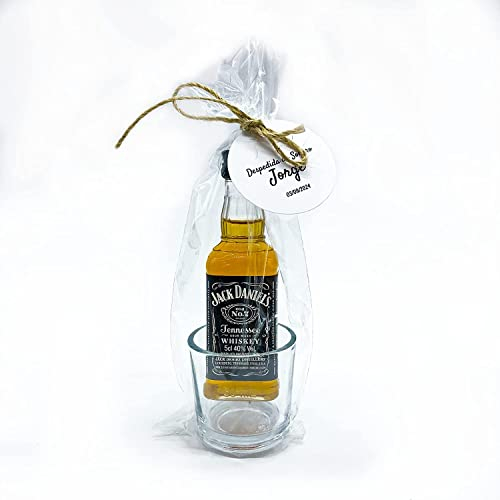 Mini JackDaniels en botella de cristal 50 cl de 40% vol Con Vasito de Chupito y Etiqueta Personalizada para Regalar en Bodas, Comuniones o Bautizos (JackDaniel's, 12)
