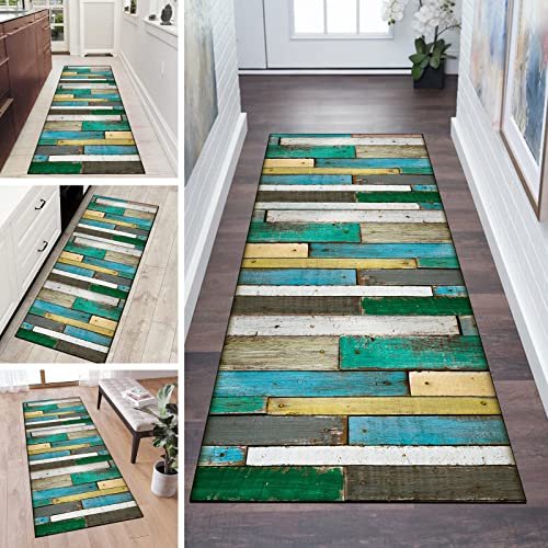 QQrunner Teppich Läufer Flur rutschfest Blau Grün Meterware 60x110cm Waschbar Küchenteppich Holzmaserung Schlafzimmer Korridor Teppichläufer Lang, Anpassbare Größe, 60-120cm Breit