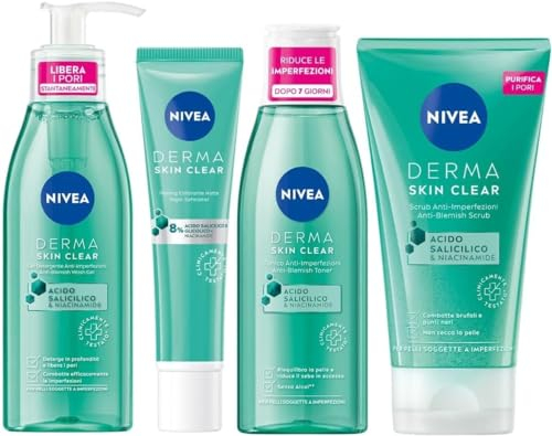 NIVEA Special Pack Derma Skin Clear Anti Imperfezioni, Detergente viso gel 150ml + Peeling viso notte 40ml + Scrub viso e corpo 150ml + Tonico viso astringente 200ml