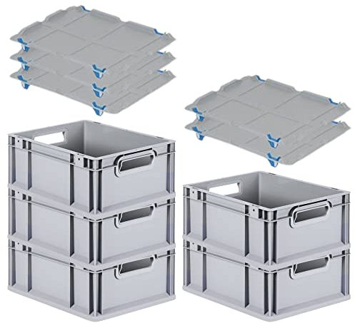 PROREGAL SparSet 5x Eurobox NextGen Grip mit Auflagedeckel & 4 blauen Schiebeschnappverschlüssen, HxBxT 17x30x40cm, 16 L, Grau, Griffe offen, Eurobehälter, Transportbox