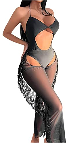 RKaixuni Damen-Badeanzüge mit Fransen, Pailletten, einteilig, durchsichtig, Netz-Outfits, Overall, ausgehöhlte Rüschen, lange Hose, Schwarz , L