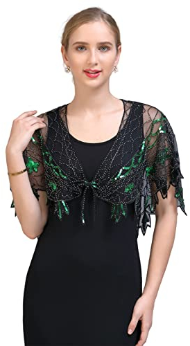 GIBZ Glitzer Schal für Damen Abend Stola mit Pailletten Vintage 1920er für Hochzeit Abendkleider Party, Grün