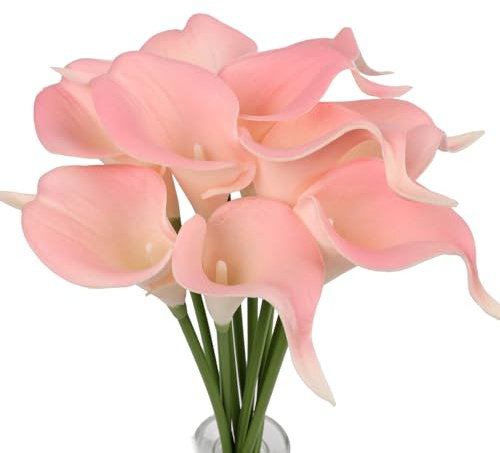 Mini 15 Artificial Calla Lily 10 Stem Bridal Bouquets Artificial Latex Real Touch Flowers for Home Party Decor-Pink
