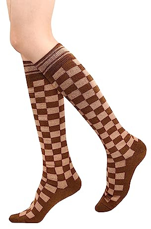 Benefeet Sox Damen Mädchen Kniestrümpfe Neuheit Argyle Kariert Fußball Baumwolle Lange Röhrensocken, Schachbrett-Kaffeebraun, Einheitsgröße
