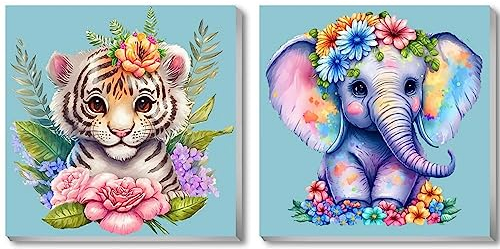 UNIQUORS Diamond Painting Kinder Set, 2 Stück Diamant Painting Bilder Tiere Elefant Tiger, 5D DIY Diamond Painting Erwachsene Bunt Blumen, Diamant Malerei mit Rahmen für Home Wand Decor, 18x18cm