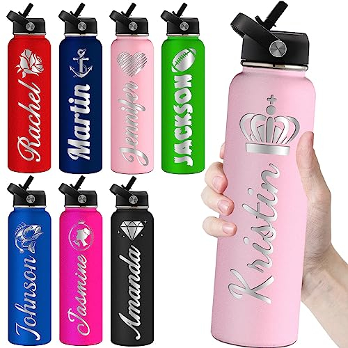 kioskbanks Personalized Water Bottles with Straw 24oz Custom Engraved Water Bottle for School Customized Name Double Wall Insulated-Pink