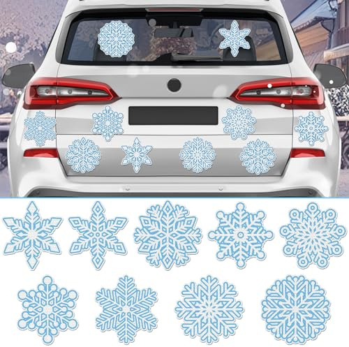 Snowflakes Magnets, JULMELON 22pcs Reflective Christmas Blue Snowflakes Car Magnets Stickers Decorations Accessories for Winter Party Home Fridge Car Garage Door Decor Supplies