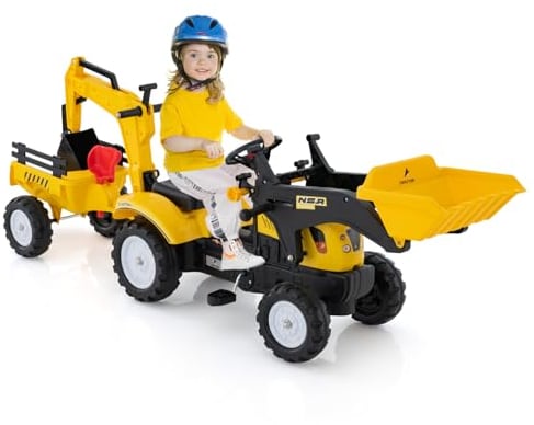 GOPLUS 3 in 1 Kinder Trettraktor mit 6 Rädern & Verstellbarer Grabschaufel & abnehmbarem Anhänger, Kindertraktor mit Hupe, für Kinder 3-6 Jahren bis zu 35 kg belastbar (Gelb)
