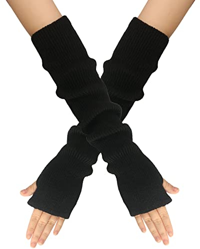 LERTREEUK Damen Mädchen Strickhandschuhe Kaschmir-Mischung Lange Armstulpen Ellenbogenwärmer Fingerlose Fäustlinge mit Daumenloch (Schwarz)