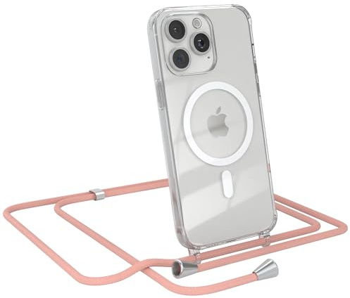 EAZY CASE - Handykette kompatibel mit iPhone 15 Pro Max Kette zum Umhängen Stoßfest Handyhülle für iPhone 15 Pro Max Silikon Hülle mit Band Transparent als Fallschutz in Alt Rosa - Clips Silber