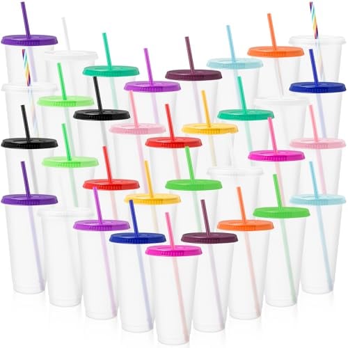 34 Pack Plastic Tumblers with Lids and Straws, 24 oz Reusable Iced Cups Bulk, Colorful Cold Drinks Cups Travel Mug for Smoothie, Juices, Parties, Birthdays, Christmas