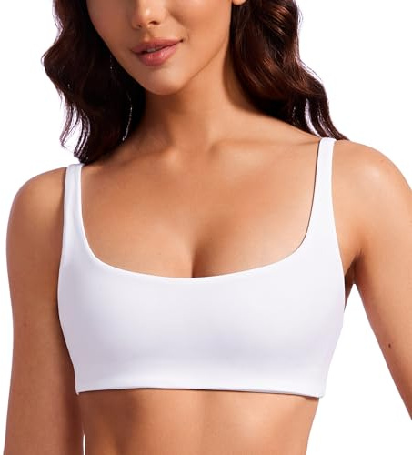 CRZ YOGA Butterluxe Square Neck Spaghetti Strap Sports Bras for Women - Low Coverage Yoga Wireless Padded Cami Crop Top White Medium
