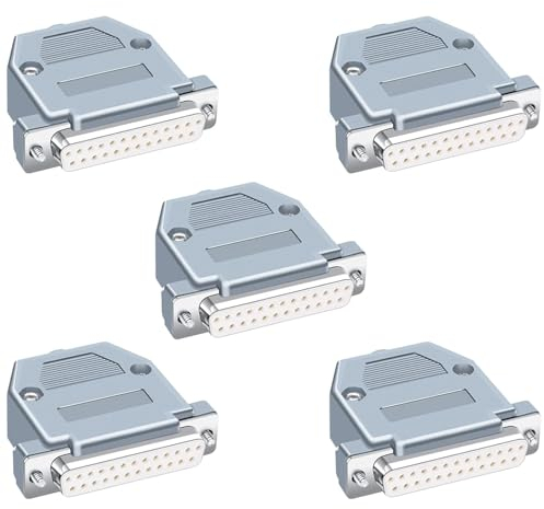 Harissess 5 Stücke DB25 Buchse RS232 D-SUB Serielle Lötbecher Steckverbinder Kit,Vergoldet Gelenke RS232 Serienlötart 25-Pin D Sub Koppler mit Kunststoffhauben,Zugentlastung Tüllen und Schrauben
