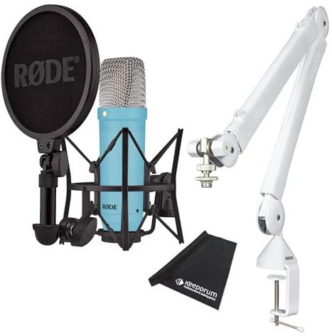 Rode NT1 Signature Blue Microphone de studio bleu avec trépied PSA1+ W Plus à bras articulé blanc + chiffon microfibre Keepdrum