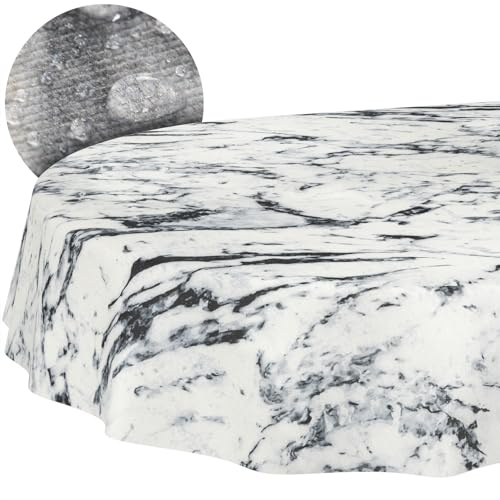 Tischdecke Stoff abwaschbar Tischtuch Tafeldecke pflegeleicht Lotuseffekt schmutz- & wasserabweisend für Indoor Outdoor Tischdecke Oval 180x140cm Schnittkante Marmor Schwarz