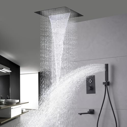 XJTNLB Columna Ducha Termostatica Negra Ducha Empotrada Techo 40 cm Cascada Alcachofa de Ducha Rociador,3 Funciones