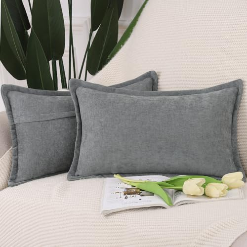 Madizz 2er Set Fransen Chenille Schlicht Zierkissenbezüge Modern Kissenbezug Kissenhülle Sofakissen Lendenkissen für Sofa Schlafzimmer Dunkelgrau 40x60 cm