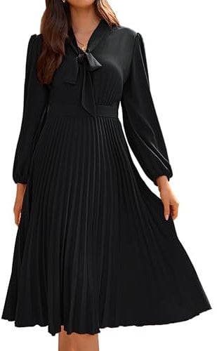 GRACE KARIN Women's Retro Bow Tie midi Dress Long Sleeve A-Line Tea Dress for Work Office Business Black 48