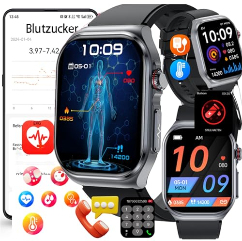 Fohatu Neu 𝐁𝐥𝐮𝐭𝐳𝐮𝐜𝐤𝐞𝐫 Smartwatch Herren 𝐃𝐢𝐚𝐛𝐞𝐭𝐞𝐬 ECG Smartwatch Mit Telefonfunktion,ECG Bludruck 𝐛𝐥𝐮𝐭𝐟𝐞𝐭𝐭𝐞 Smartwatch Harnsäure,smartwatch Bluetooth Anrufen, Schwarz
