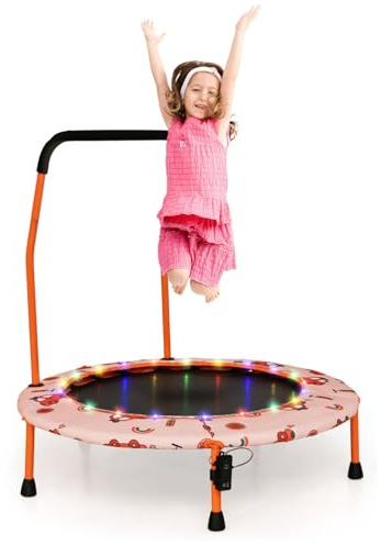 LIFEZEAL Ø 92cm Kindertrampolin mit LED-Lichtern, Trampolin Kinder mit Griff & Sicherheitspolster, Jumping Rebounder für Indoor, Minitrampolin für Kinder ab 3 Jahren (Hellorange)