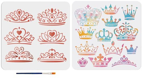 MAYJOYDIY 2 Kronen Schablone 30×30cm Wiederverwendbar König Königin Prinzessin Kronen Schablonen Mit Pinsel Königliche Schmuckkronen Vorlage Für Holz Stoff Wände Fenster Heimwerkerarbeiten