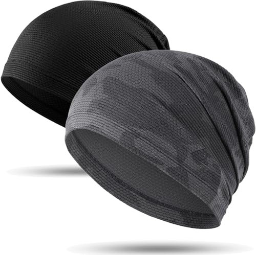 WTACTFUL 2pcs - Kühlende Sommer Beanie Herren Dünn, Fahrrad Cap Skull Cycling Cap Mütze Herre Atmungsaktiv Laufmütze für Sportmütze Fahrrad Laufen Radfahren Outdoor Schwarz + Tarngrau
