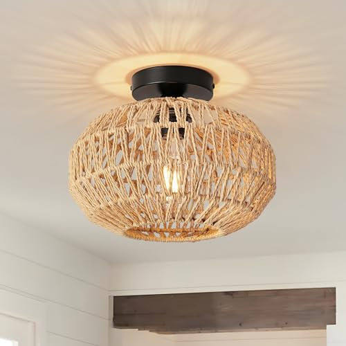 FORCOSO Deckenleuchte Rattan, Boho Deckenlampe mit Natürlicher Rattan Lampenschirm, E27 Vintage Kronleuchter, Rustikal Braun Boho Lampe Decke Für Wohnzimmer Schlafzimmer Esszimmer Flur Küche