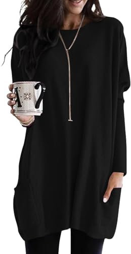 Langarmshirt Damen Rundhals Longshirt Oberteile Herbst Elegante Locker Langarm Oversize T Shirt Pullover Basic Tunika mit Tasche Schwarz