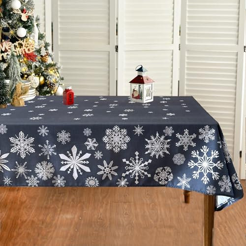 Tucwurl Weihnachtstischdecke, Weihnachten Tischtuch Grau Wasserabweisend, Schneeflocken Tischdecken Weihnachten, Rechteckige Abwaschbar Weihnachts Tischdecke, Party Tischdeko (Grau, 140 x 200 cm)