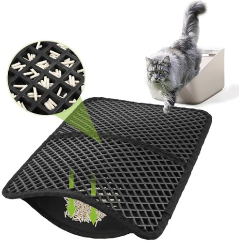 Cat Litter Mat, Large Litter Tray Mat Trapping Foldable Washable 33x46cm Honeycomb Double Layer, Nonslip Waterproof Urine Proof EVA Material Easy Clean, Litter Box Mat Black
