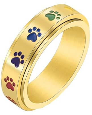 PAMTIER Frauen Pfote Drucken Drehbare Ringe 6mm Edelstahl Niedlich Hund Katze Pfote Drucken Emailliert Regenbogen Spinner Engagement Hochzeit Band Gold Größe 54 (17.2)