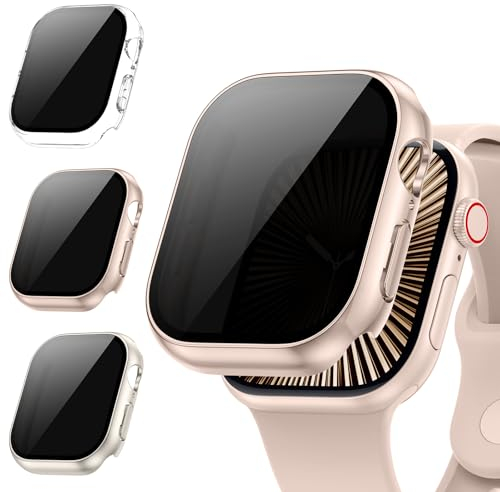 [3Pièces] Kamita Coque pour Apple Watch Série 11/Série 10 46mm avec Anti-Espion Protecteur d'écran en Verre Trempé, Dur PC Bumper Case Privacy Housse pour iWatch11/iWatch10 (Clair+Starlight+Or Rose)