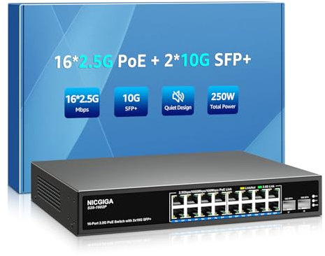Switch Ethernet 16 porte 2.5G ➕ 2 porte 10G SFP+, switch di rete NICGIGA 18 porte 2.5Gb non gestito, Plug & Play, montaggio su desktop o rack da 19 pollici, design in metallo senza ventola.