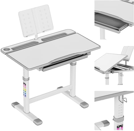 MARK ADLER Study 3.0 Kinderschreibtisch - Höhenverstellbar 54-76 cm | Schreibtisch Kinder ab 6 Jahren - Neigbare Tischplatte - mit Schublade und Buchständer - Ergonomisch zum Lernen – Grau