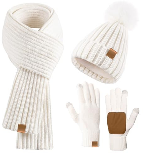 GOSHIES Damen Mütze Schal Winter Set Beanie Mütze Damen Winter mit Bommel Fleece Gefütterte Mütze, Schal & Handschuh-Sets, Touchscreen Handschuhe Weiß