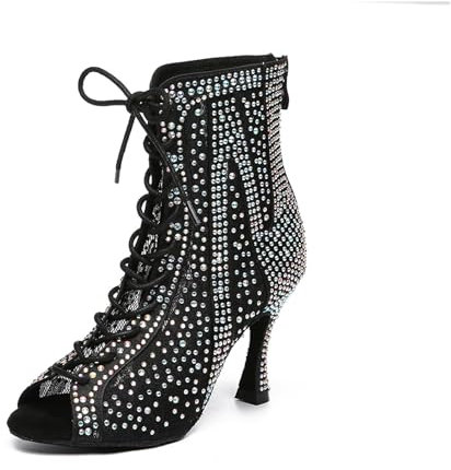 Uonpie Stivali a Rete Strass per Le Donne Scarpe da Ballo Latino con Tacco Alto Stivali,Nero,39EU