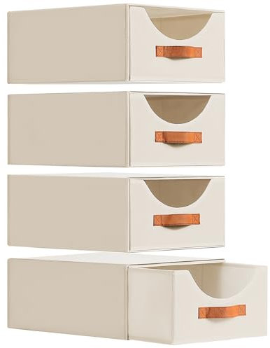 4 Pack Foldable Wardrobe Storage Organiser - Large Stackable Storage Boxes, Closet Organiser Bins, Fabric Drawers With Reinforced Handle For Bedroom, Living Room, Office, Cabinet 40x32x17cm Beige