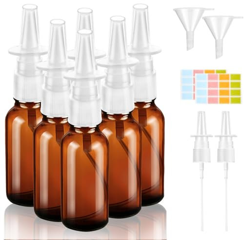 6 Stück Nasenspray Flasche Leer, 30ml Glas Nasensprayflasche, Wiederverwendbar Nasen Sprühflaschen, Nachfüllbare Zerstäuber mit Düsen Trichter Etiketten für Parfüm Atherische Kochsalzlösung (Braun)