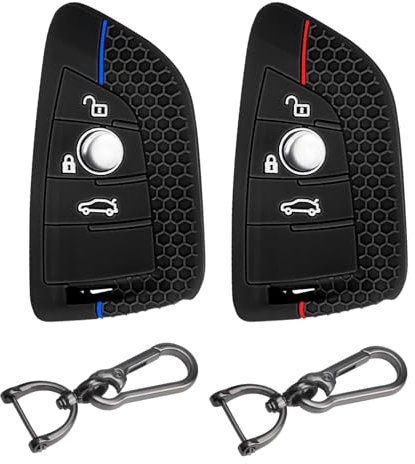 FT FUNTOR 2 Stück Schlüsselhülle für BMW,Passend für BMW 1 2 3 5 6 7 Series Active Tourer F21 F45 F46 F48 X1 F48 X3 X4 X5 X6 F15 F85 F15 F16,3 Tasten Silikon Schlüsselhülle (Schwarz Rot+Schwarz Blau)