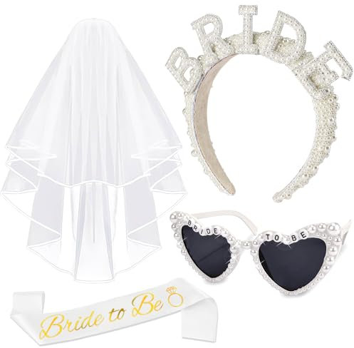 Brautaccessoires JGA Accessoires Frauen mit Bride to Be Haarreif Perlen Retro Braut Stirnband Herzbrille Schärpe Schleier, Bachelorette Geschenk JGA Deko Party Hochzeit Junggesellenabschied Frauen