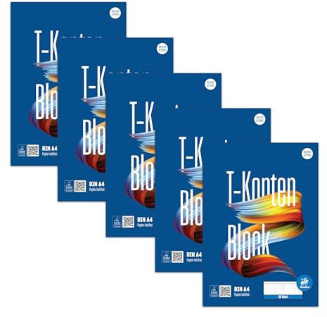 Contura T-Konten Block - 5 Blöcke à 25 Blatt, DIN A4, 80 g/m² Papier | 10 Konten pro Seite, Kontenblätter Buchhaltung klar strukturiert
