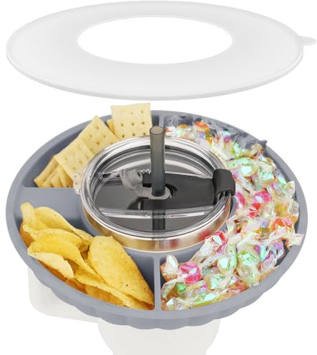 Cuenco para aperitivos con tapa para Stanley Cup 30 oz/887 ml, solo para 30 oz, plato de aperitivo compatible con vaso Stanley Quencher 30 oz, bandeja de silicona con 3 compartimentos, accesorios para