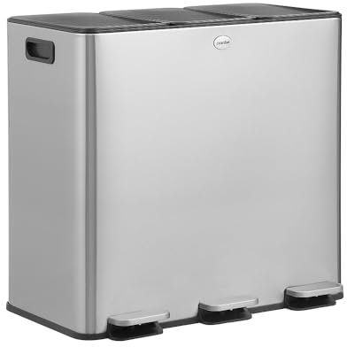 CASABEL Poubelle Tri Sélectif 3x20L, Acier Inox Chrome, Poubelle 60L Cuisine Recyclage Rectangulaire à Pédales, Anti Traces, Anti Odeurs, Systèmes de Tri des Déchets, Poubelle Tri Selectif 3 Bacs