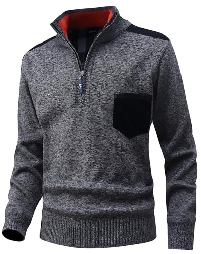 CoXuantion Pullover Herren Winter 1/4 Zip Strickpullover Slim fit Stehkragenpullover Langarm Arbeitspullover Warm Knitted Sweater Warm Fleecepullover Casual Sweatshirt L,Grau