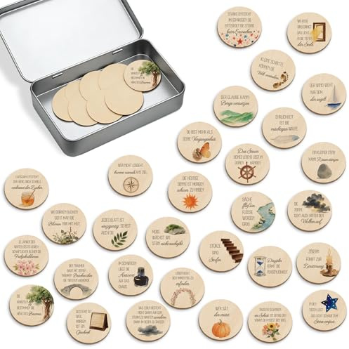 BIROYAL Glücksbringer Holz 30 Stk, mit Sprüchen, Ø4 cm 0,3 cm, Rustikal | Druckklar & Gratfrei, mit Metallbox, Als Streudeko, Mitgebsel & Gastgeschenk, Tischdekoration, für Prüfung, Geburtstag, Taufe