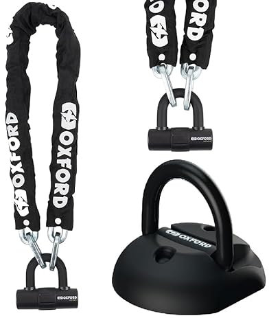 Motorcycle Security Kit Oxford HD Chain Upgraded 1.5mx10mm links With D Lock, Disc Lock Motorbike, and Task Force Ground Anchor Anti-Theft Motorbike Lock System, Hardened Steel, Double Locking