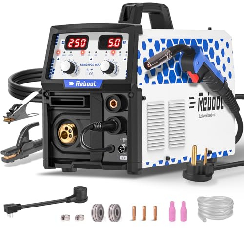 Reboot RBM2500D MAX 180A 5-in-1 MIG Saldatrice, Premium Build, pistola a bobina compatibile per alluminio, sollevamento TIG, MIG Gas/Gasless, Stick, saldatrice multiprocesso a doppia tensione 120V