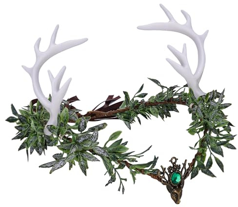 MOSTORY Waldelfen Geweih Kopfschmuck REH Haarreif Krone für Karneval, Grün Hirschgeweih Blumenkranz Haarschmuck mit Blatt für Renaissance Accessoires