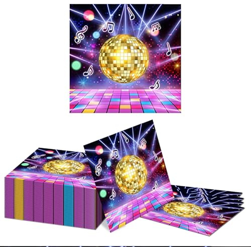 Kotkiddy 40 Stück Disco Deko Servietten Bunt 33x33cm Gold Discokugel Party Papierservietten 70er 80er 90er Geburtstag Discokugel Deko Servietten
