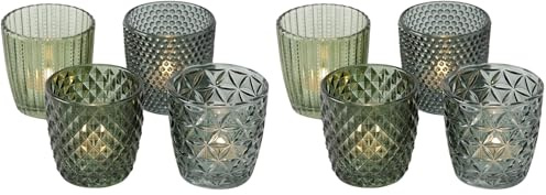 Boltze Ensemble de photophores Marilu 4 pièces (Vert, Verres décoratifs pour Bougies/Chauffe-Plats, Porte-Bougies Ø 8 cm, Motifs variés, Forme Ronde, Support pour Chauffe-Plat) (Lot de 2)